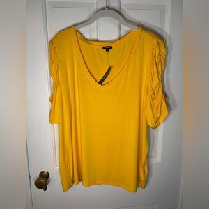 NWT New Express XL Yellow Gold Ruched Short Sleeve Blouse Top Shirt V Neck
